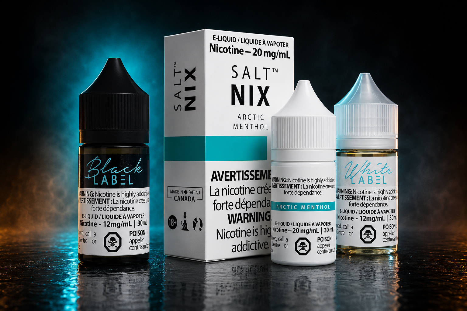 Vaporus Black Label, White Label and Salt Nix 30 mL e-liquid products in a premium studio setting